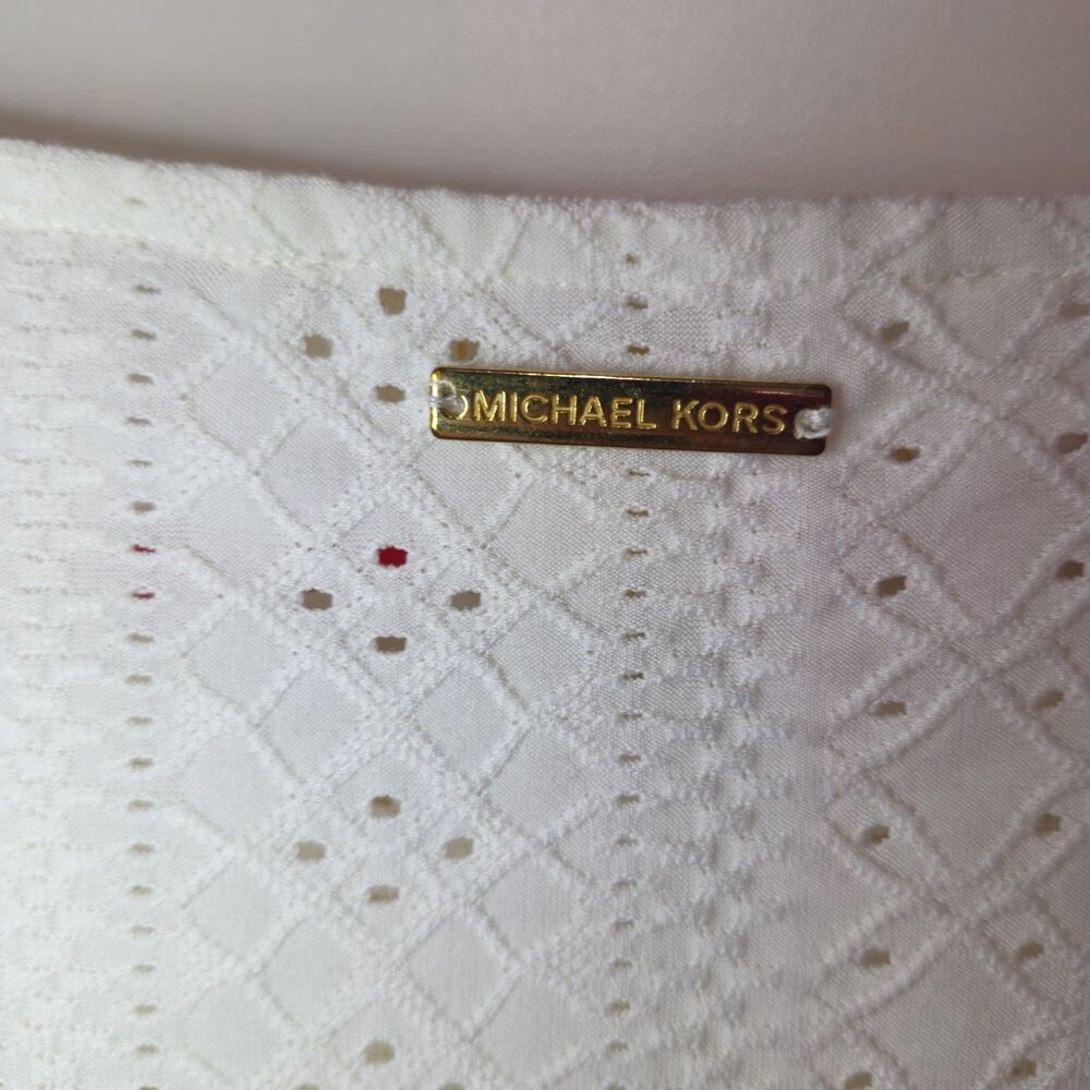 Michael Kors White Eyelet Short Sleeve Smocked Waist Top Blouse Womens Medium - Picture 6 of 10